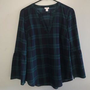 J.CREW Plaid Bell Sleeve Blouse